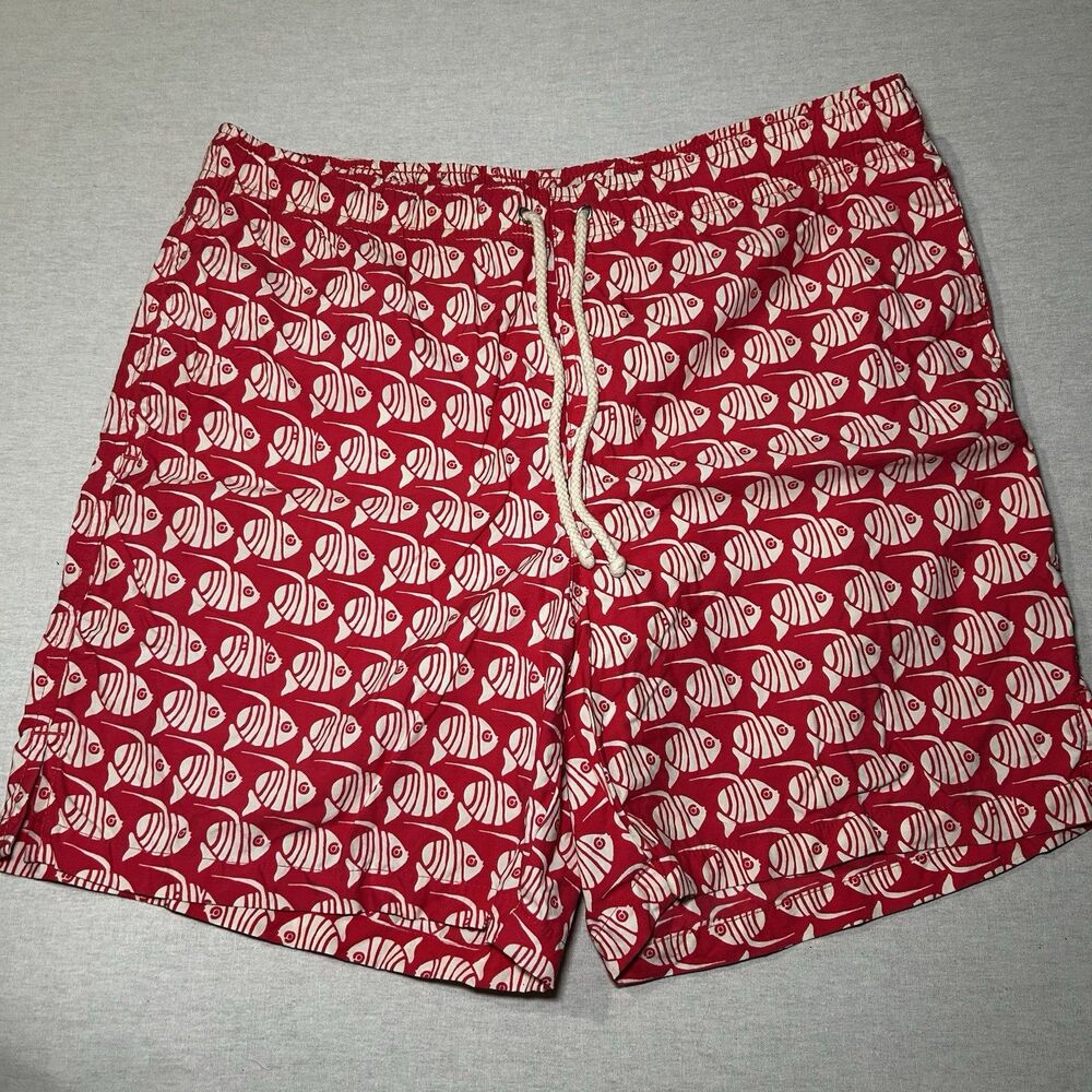 Lilly Pulitzer Men's Mesh Lined Swim Trunks in Red Fish Print, Size S